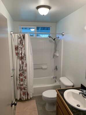 Un baño con ducha, inodoro y lavabo.