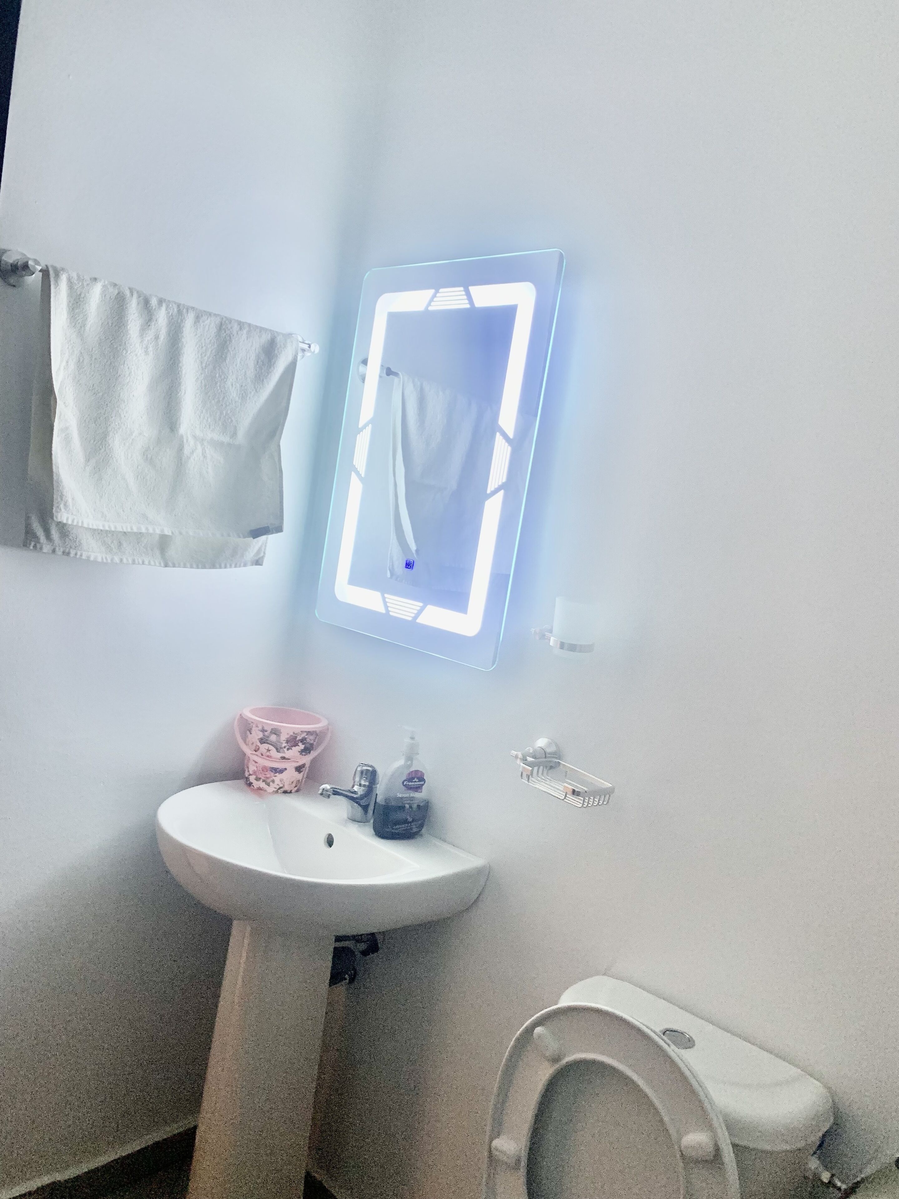 Dusch, hårtork, handdukar och tvål