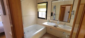 Combined shower/bathtub, jetted bath, hair dryer, bidet