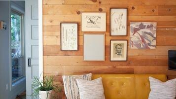 Smart TV, fireplace, books