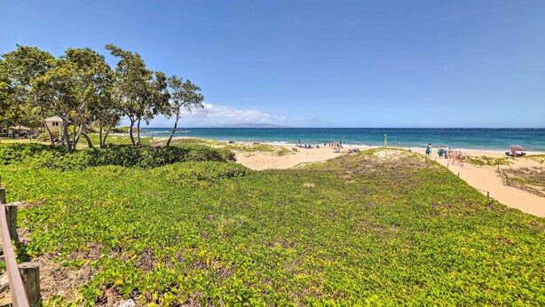 A beach with a clear view of the ocean, a sandy area with some greenery, and a few people in the distance. - Beautiful Kihei Condo - Walk to the Beach! (Kihei)