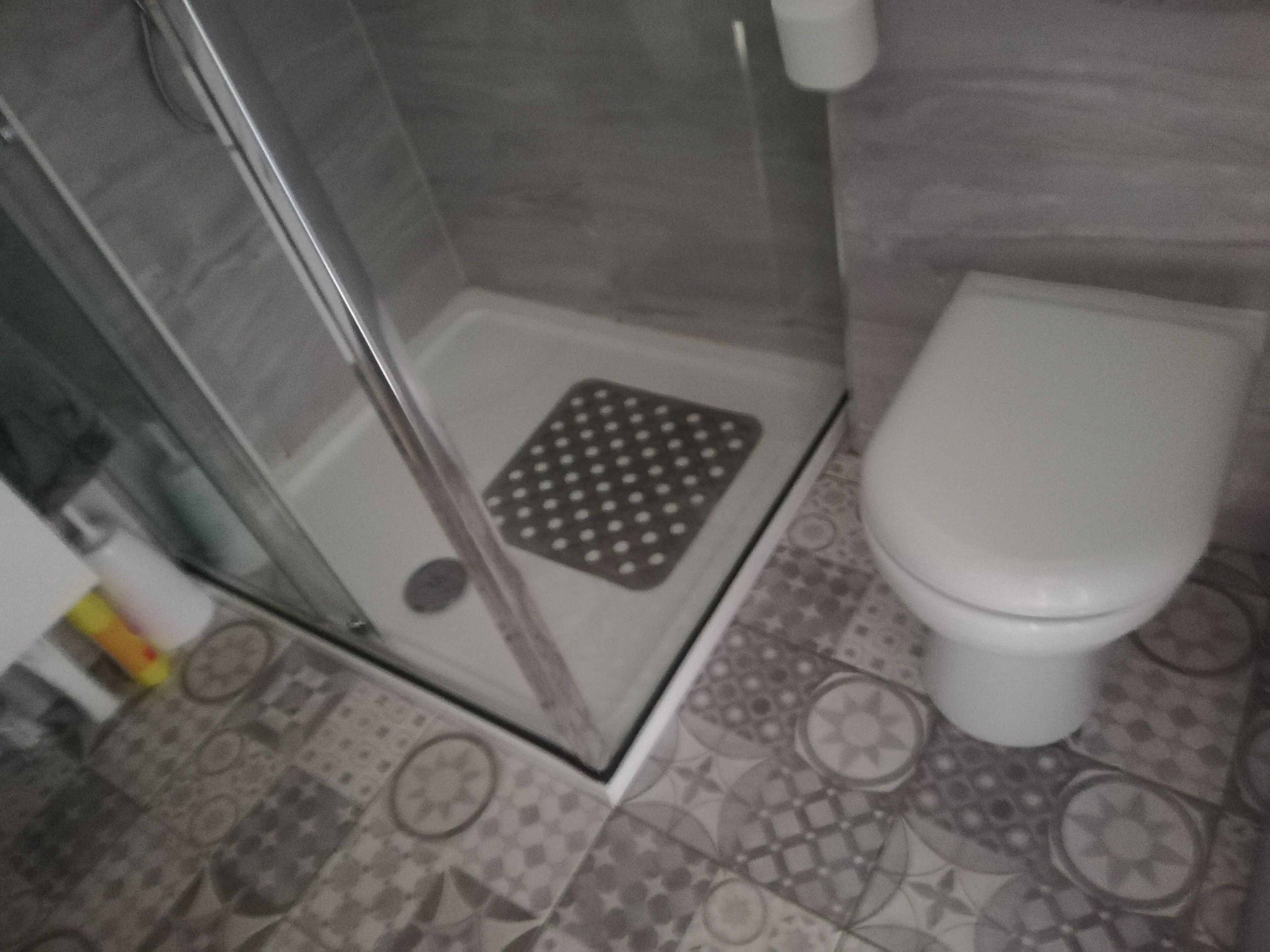 A bathroom with a shower, toilet, and patterned floor tiles.