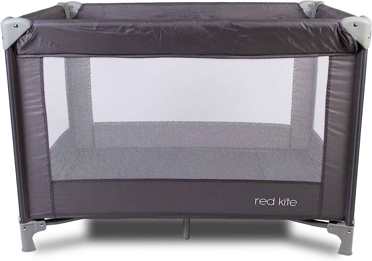 Un trampoline de forme rectangulaire, de couleur rouge, doté d’un filet de protection et d’une base grise.