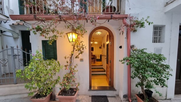 Entrada de un edificio con puerta de madera, plantas en macetas y una lámpara fijada a la pared.