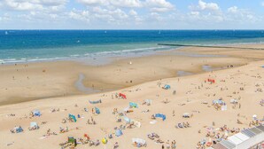 Una spiaggia con numerosi ombrelloni e lettini, una riva sabbiosa e un cielo azzurro limpido.