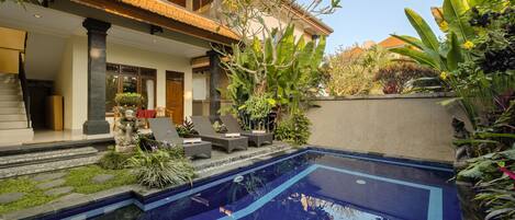 A swimming pool with a tiled edge, surrounded by plants and a stone pathway.