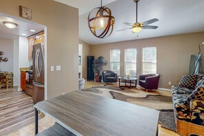 TV, DVD player, video library, stereo