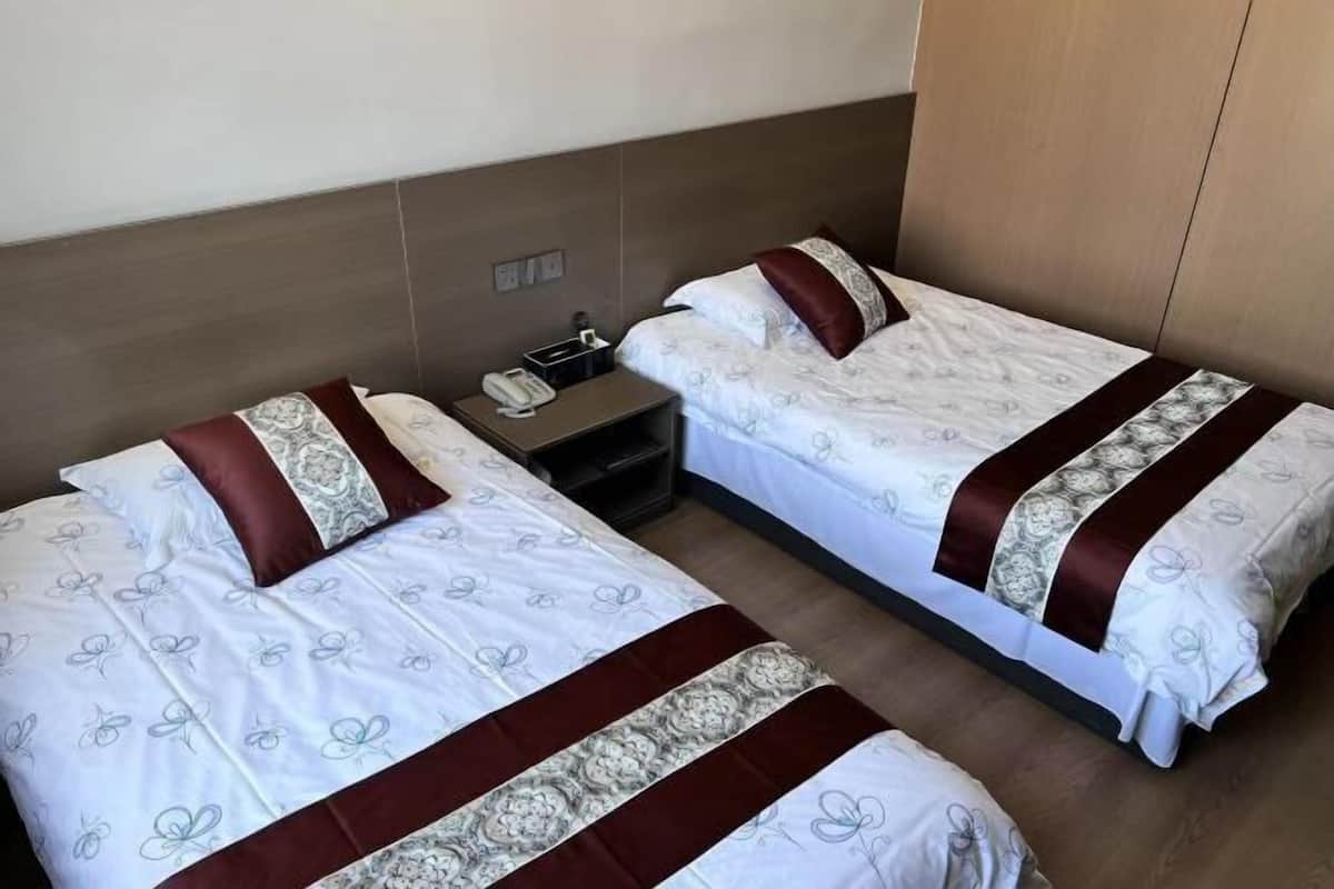 Ein Hotelzimmer mit zwei Betten, jeweils mit gemustertem Bettbezug und Kissen, einem Nachttisch mit Telefon und Lampe sowie einem Kleiderschrank.