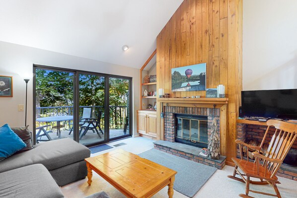 Televisión, chimenea y libros 