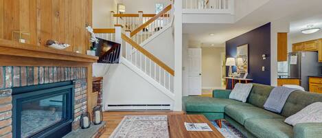 Televisión, chimenea, reproductor de DVD, libros