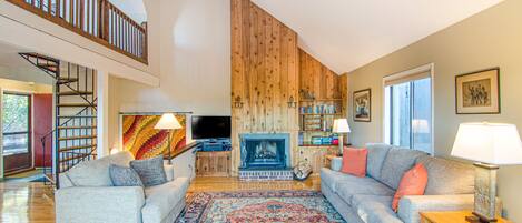 Téléviseur, foyer, lecteur de DVD, livres