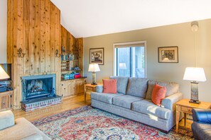 TV, fireplace, DVD player, books