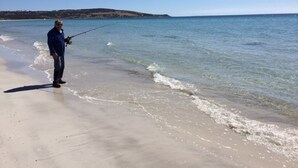 A person standing on a beach holding a fishing rod.