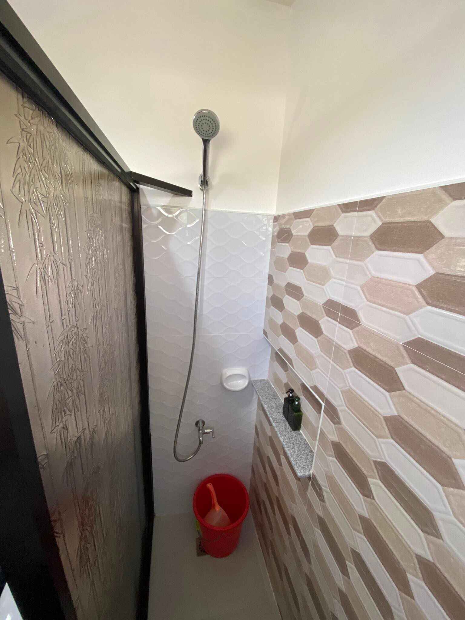 Shower, towels, toilet paper