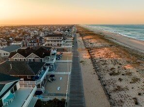 On the beach, sun loungers, beach towels