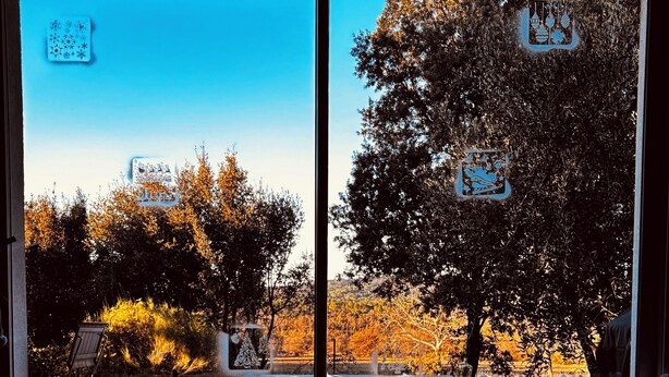 A room with a large window overlooking a backyard with a trampoline, a tree, and a chair. - Modern villa, ideal for families, at the gateway to the VERDON! (83111 - AMPUS)