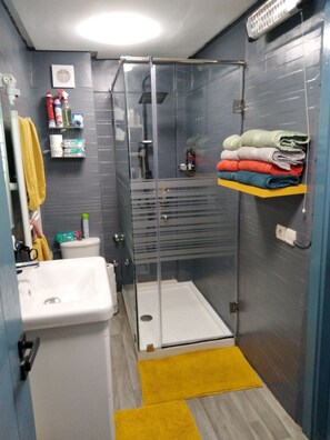 Dusche, Haartrockner, Handtücher, Seife