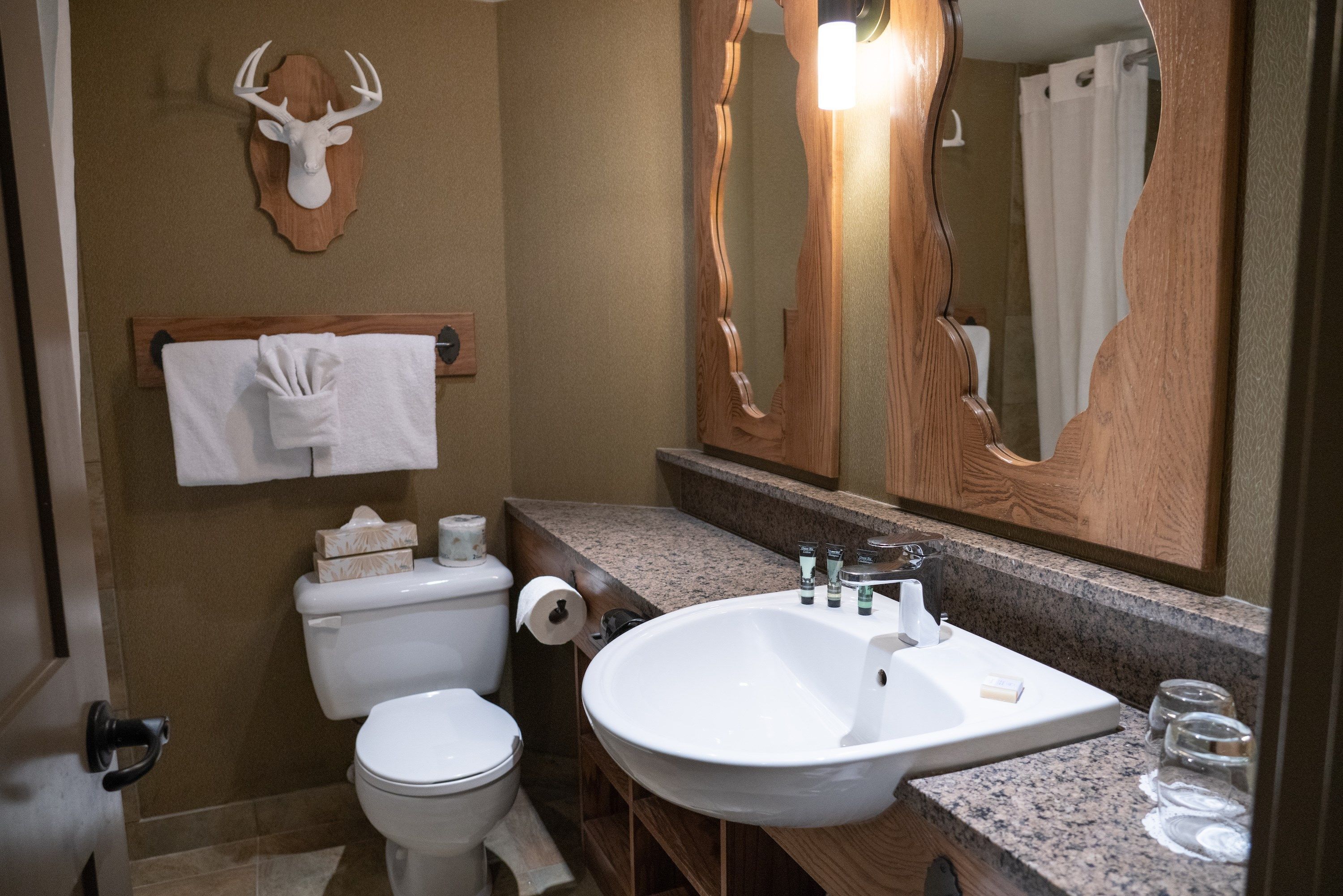 Une salle de bain équipée de toilettes, d’un lavabo, d’un miroir et ornée d’une tête de cerf au mur.