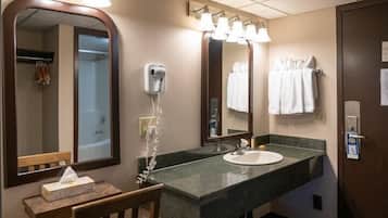 Hair dryer, towels, soap, shampoo