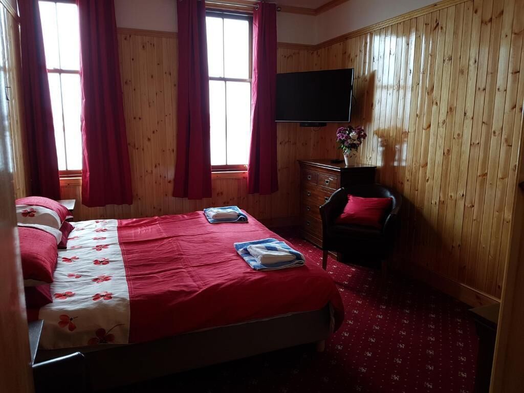 A hotel room with a large bed, wooden walls, a flat-screen TV, and a red carpeted floor.