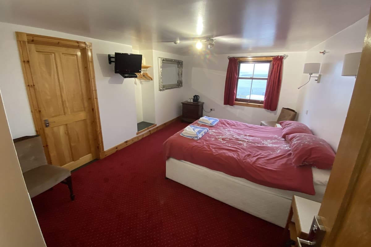 A bedroom with a red carpet, a bed with pink bedding, a wooden door, a TV mounted on the wall, a small bedside table, and a window with curtains.