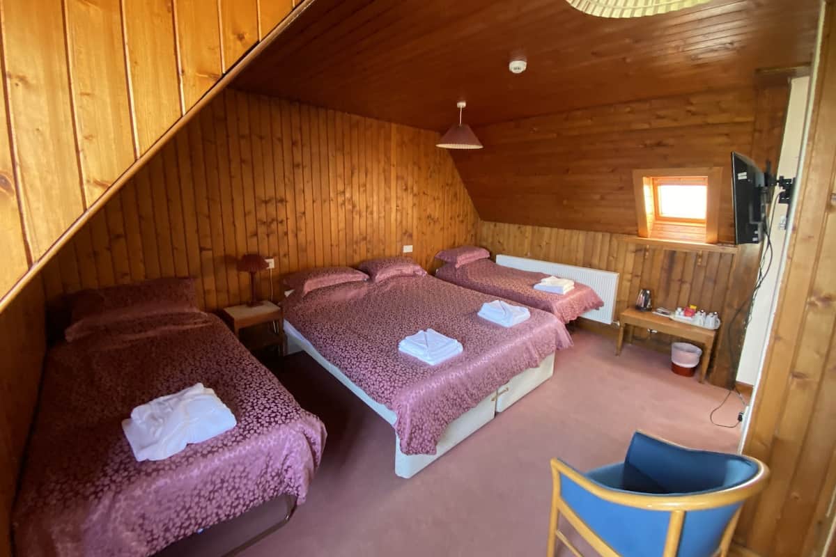 A cozy attic bedroom with three beds, a small table, a chair, and a window.