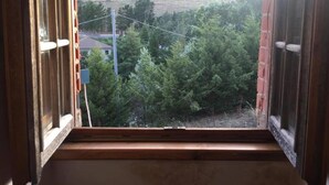 A window with a view of a forested area and a hill. - Apartment 'Residence Lithos' with Mountain View, Garden and Wi-Fi (Petralia Soprana)