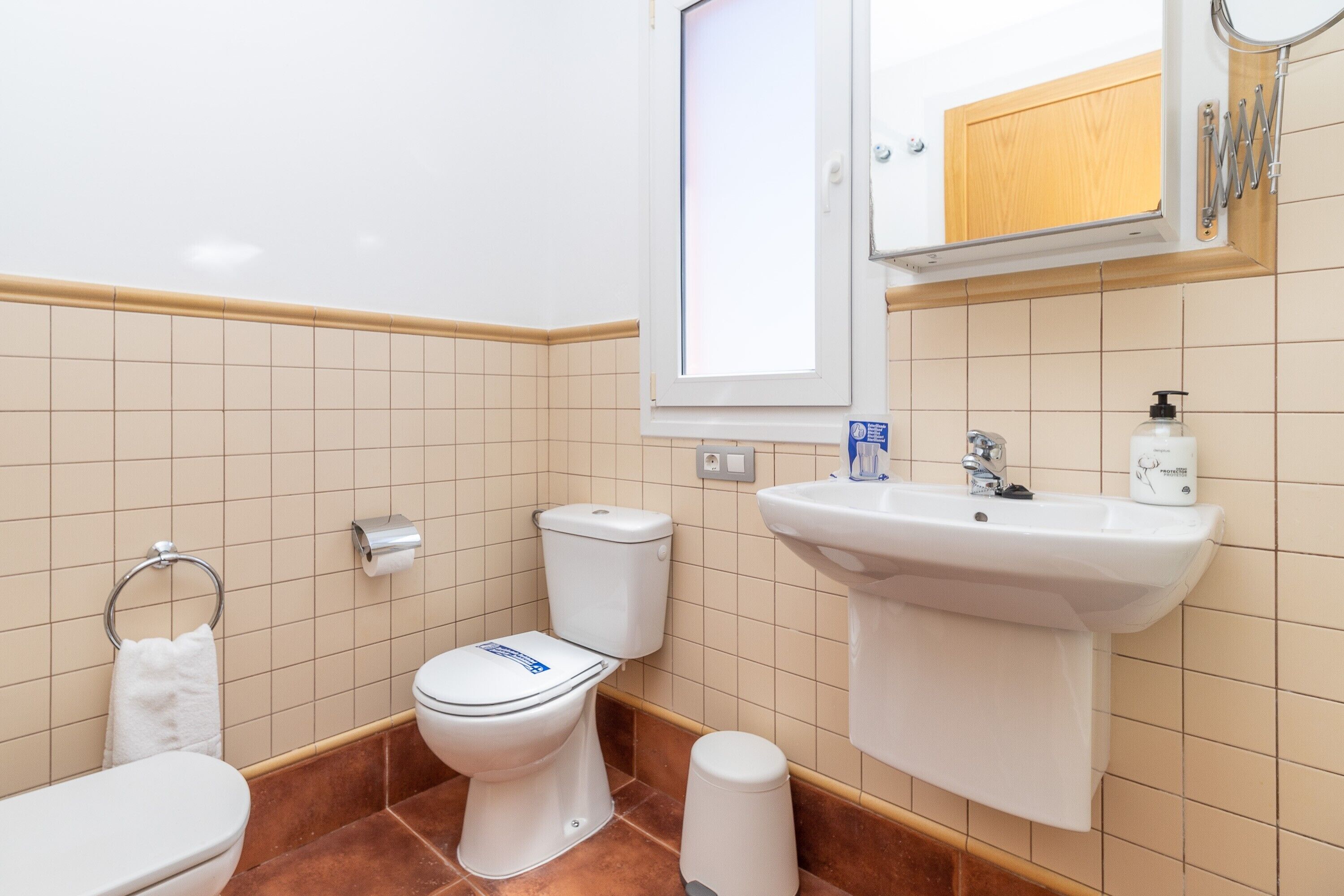 Une salle de bain avec des toilettes, un lavabo et un miroir.