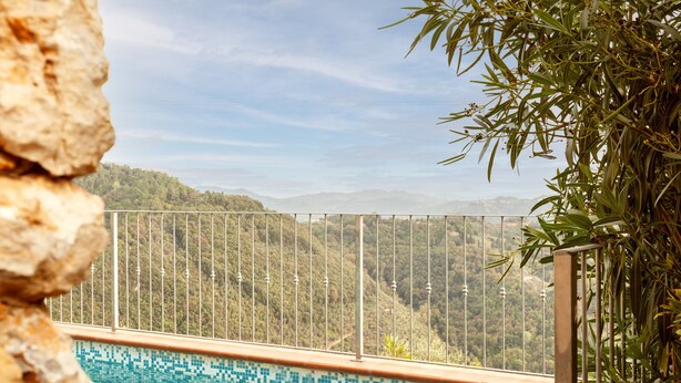 Una piscina con borde de azulejos, rodeada de barandas de metal, con vista a una ladera boscosa al fondo.