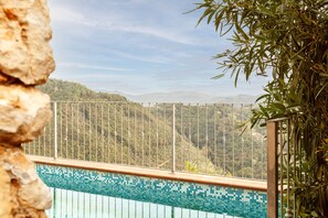 Una piscina con borde de azulejos, rodeada de barandas de metal, con vista a una ladera boscosa al fondo.