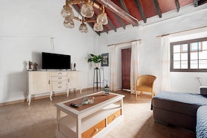 A room with a television on a cabinet, a bed, a chair, and a plant.