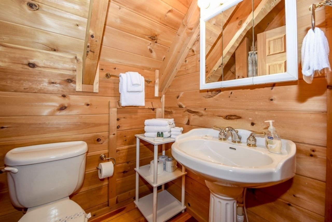 Ein Badezimmer einer Holzhütte mit Toilette, Waschbecken und Spiegel.