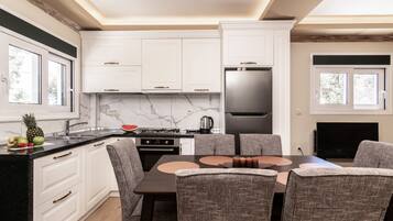 Fridge, oven, stovetop, coffee/tea maker