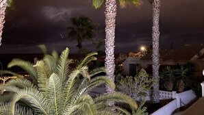 A night view of a palm tree-lined pathway with a white balustrade and a building in the background.