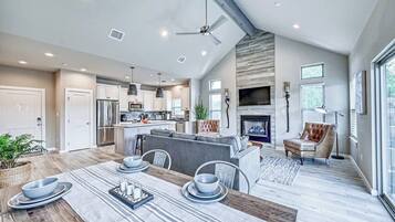 Smart TV, fireplace, books