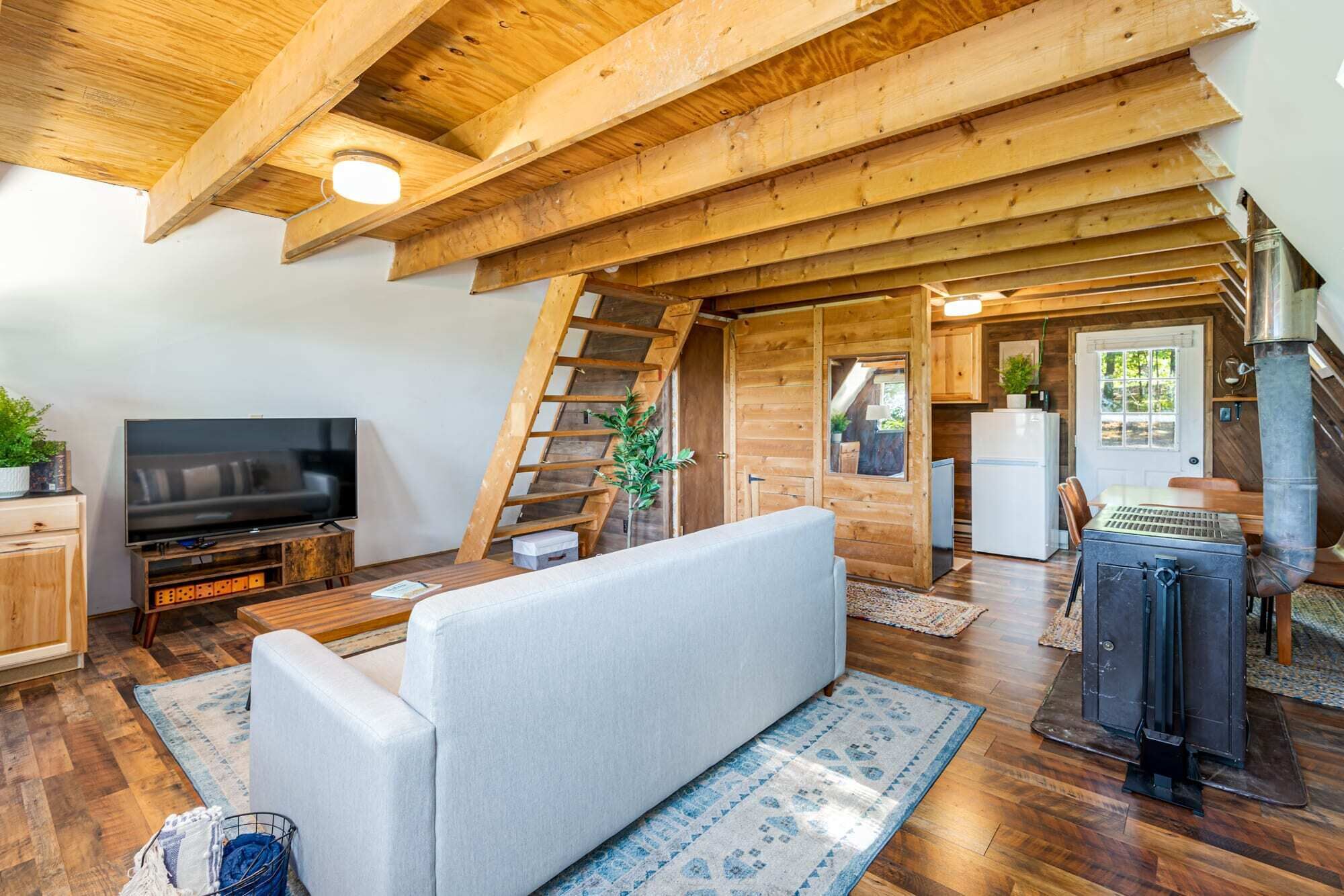 TV, fireplace, books, stereo