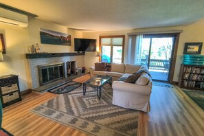 TV, fireplace, books, music library