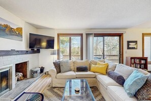 TV, fireplace, books, music library