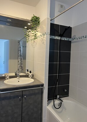 Bathtub, hair dryer, towels, toilet paper - Bassin d'Arcachon, quiet : charming flat in Cassy (Cassy)