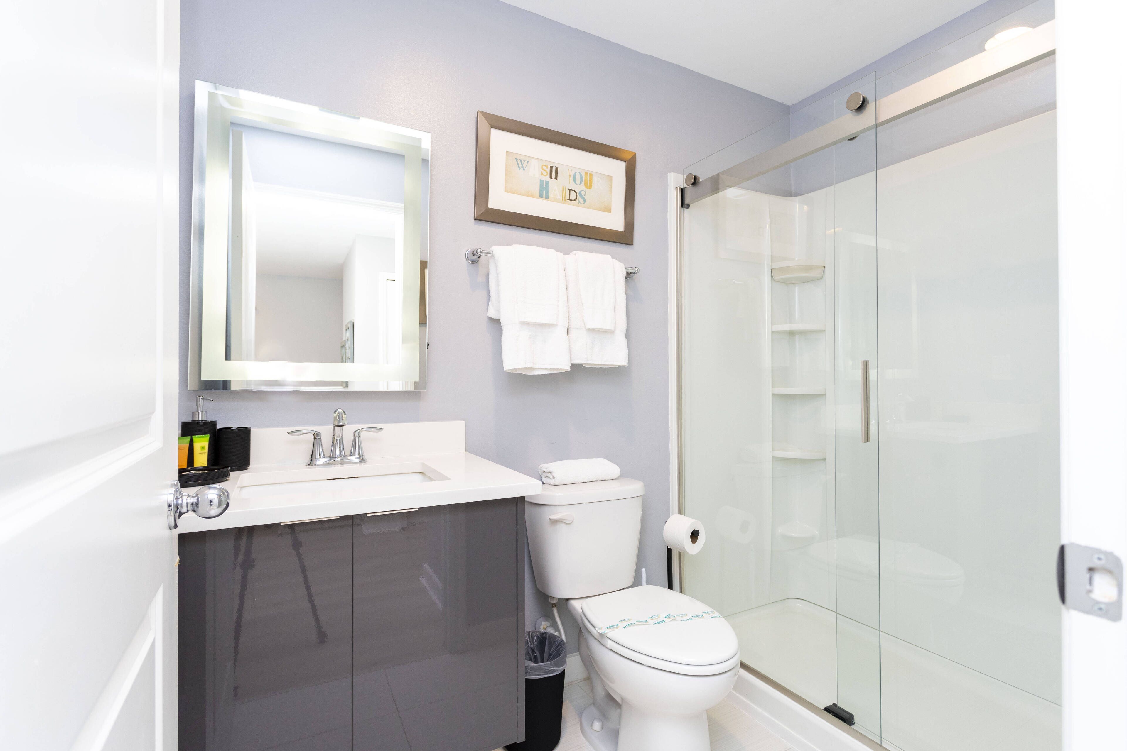 Un bagno con doccia vetrata, lavandino con specchio e WC.