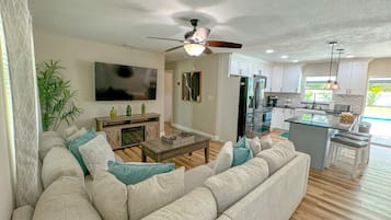 Smart TV, fireplace, music library
