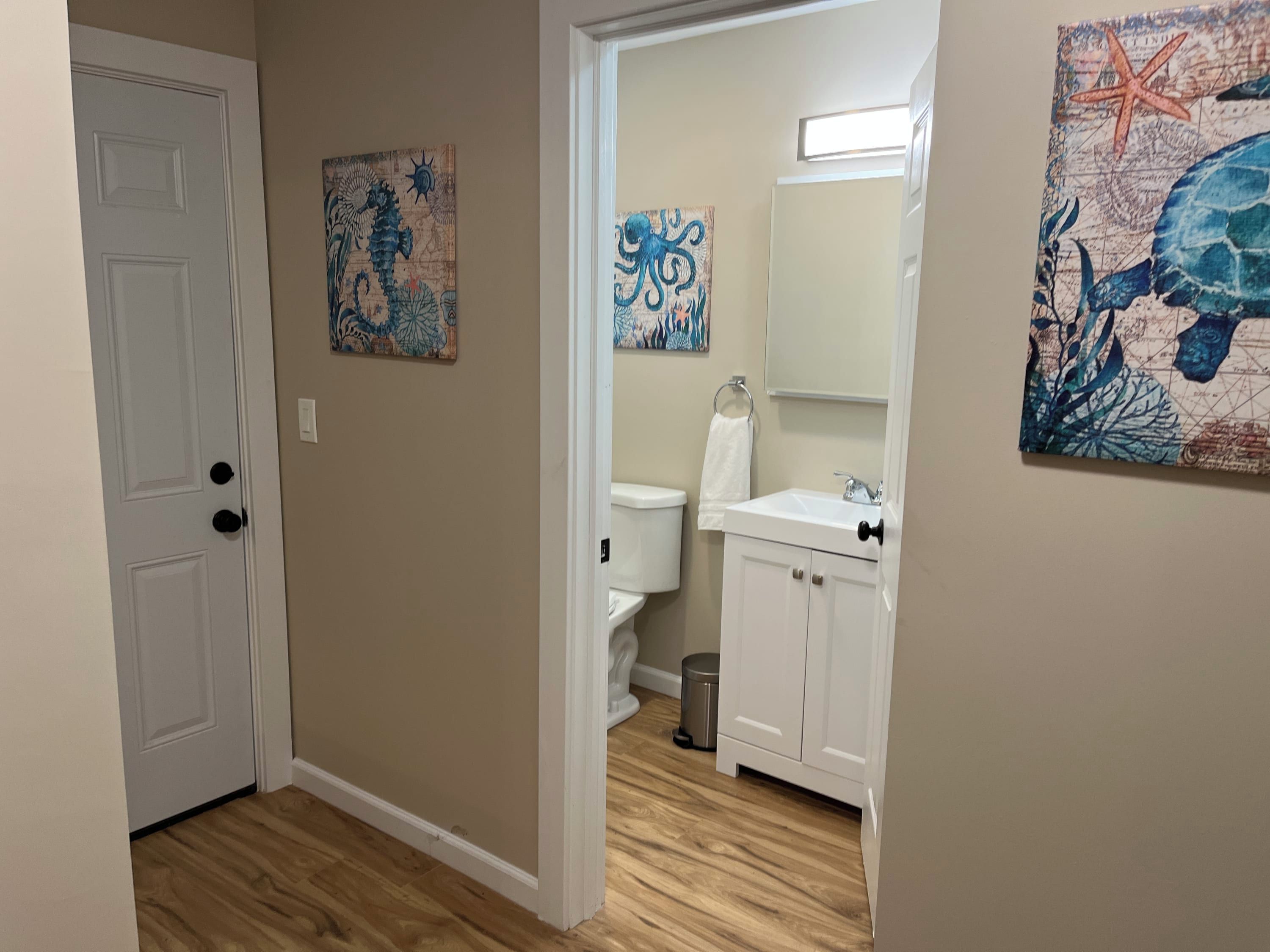 A hallway leading to a bathroom with wooden flooring, a white door, and two wall-mounted artworks depicting sea life.