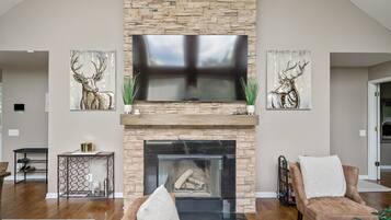 Smart TV, fireplace, video games, DVD player