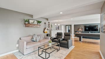 Smart TV, fireplace, video games, DVD player