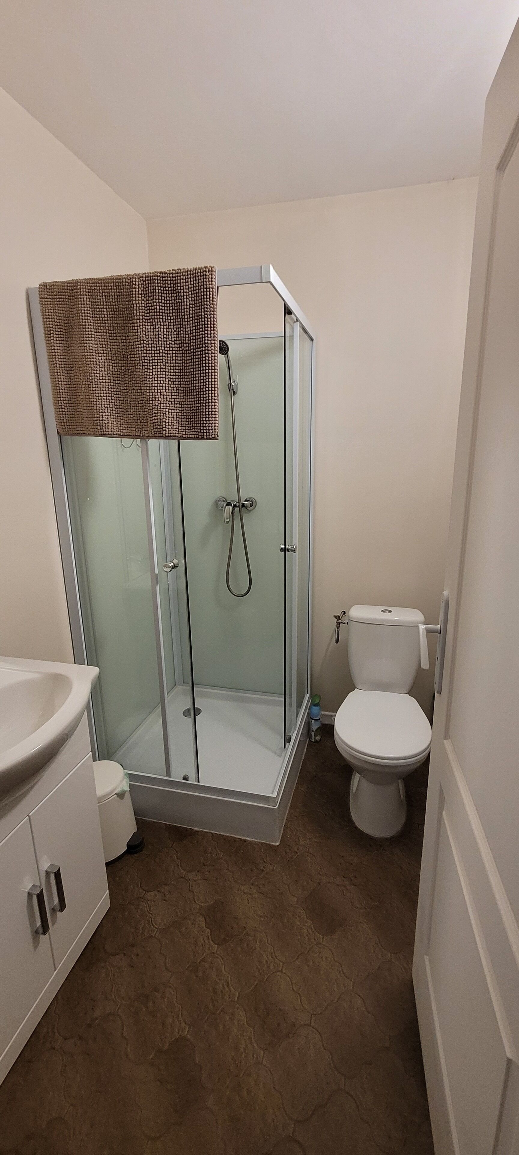 Een badkamer met een douche met glazen wand, een toilet en een wastafel met kast.