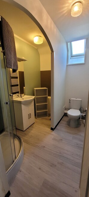 Douche, serviettes fournies, papier toilette