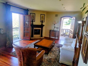 Smart TV, fireplace, books