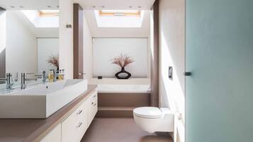 Combined shower/bathtub, jetted bath, hair dryer, towels