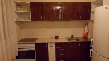 Fridge, oven, electric kettle, toaster