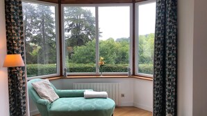 Une pièce d’angle avec un canapé vert, un radiateur et une fenêtre avec des rideaux.